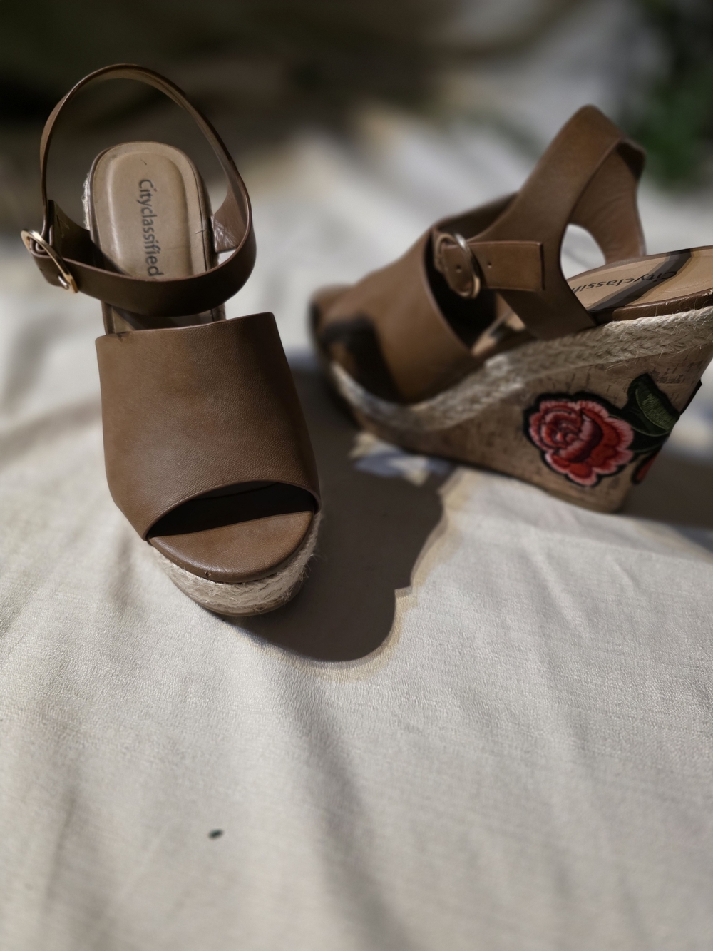 Cityclassified Brown Women's Wedge Sandals with Embroidered Floral Detail